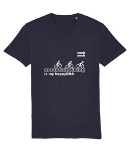 mens organic cotton white 'mountainbiking is my happyDNA' design T-shirt