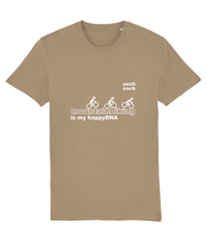 mens organic cotton white 'mountainbiking is my happyDNA' design T-shirt